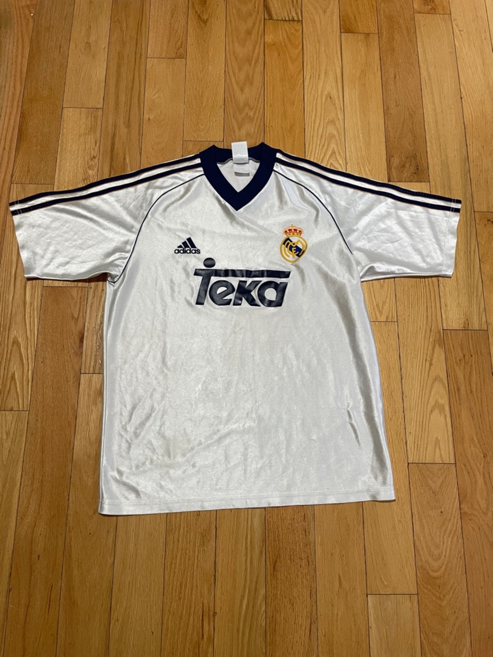 Vintage 98-00 adidas White and Navy Real Madrid Soccer Jersey with Teka Logo